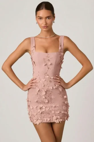 Vestito corto Briar con applicazioni ricamate in rosa antico