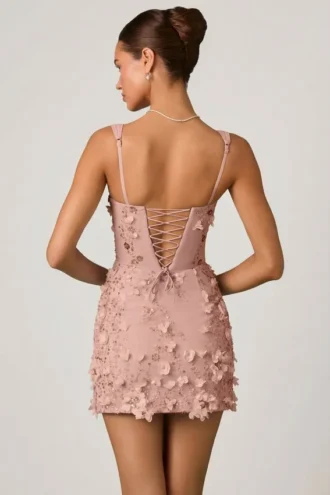 Vestito corto Briar con applicazioni ricamate in rosa antico
