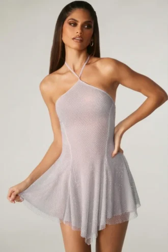 Vestito corto con allacciatura sul retro in pizzo decorato Juni, colore argento