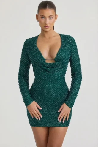 Vestito corto con collo a cappuccio decorato Arlowe in verde acqua