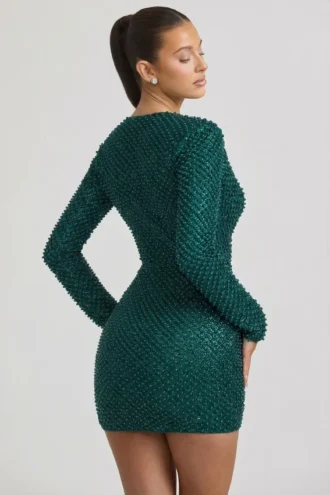 Vestito corto con collo a cappuccio decorato Arlowe in verde acqua