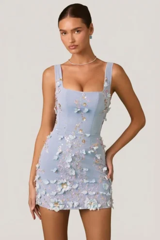 Vestito corto con corpetto a corsetto e applicazioni decorative Briar in azzurro