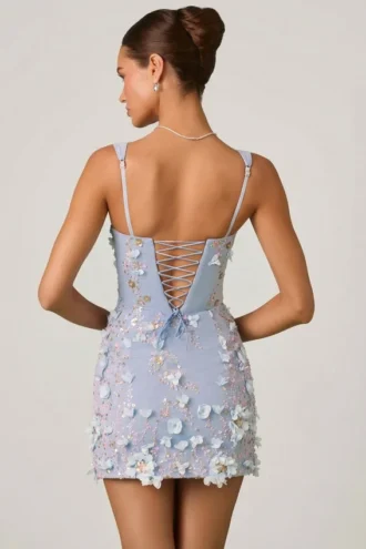Vestito corto con corpetto a corsetto e applicazioni decorative Briar in azzurro