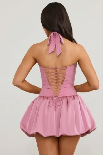 Vestito corto con corpetto allacciato sul collo all’americana e orlo a palloncino Ludmila in malva