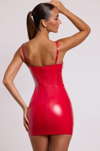 Vestito corto con corsetto in vinile e ferretti Ambrose in rosso fuoco