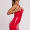 Vestito corto con corsetto in vinile e ferretti Ambrose in rosso fuoco Vestito corto con corsetto in vinile e ferretti Ambrose in rosso fuoco