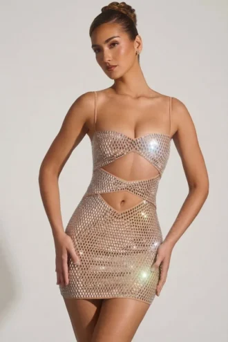 Vestito corto con cut-out decorato Ayleen in color mandorla