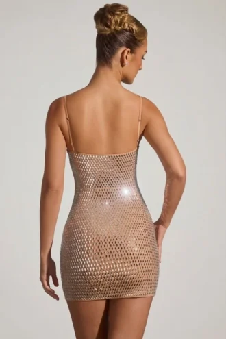 Vestito corto con cut-out decorato Ayleen in color mandorla