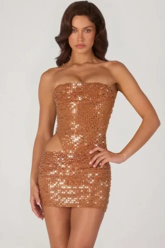 Vestito corto con cut-out decorato Rania in bronzo