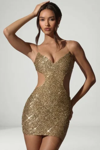 Vestito corto con cut-out decorato Sayzel in oro