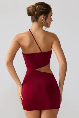 Vestito corto con cut-out e ruches in jersey elasticizzato Shyla, colore rubino