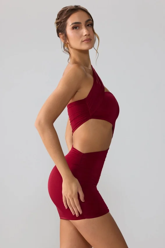 Vestito corto con cut-out e ruches in jersey elasticizzato Shyla, colore rubino Vestito corto con cut-out e ruches in jersey elasticizzato Shyla, colore rubino