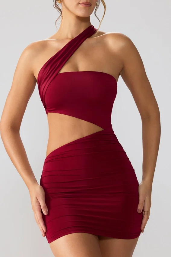 Vestito corto con cut-out e ruches in jersey elasticizzato Shyla, colore rubino Vestito corto con cut-out e ruches in jersey elasticizzato Shyla, colore rubino