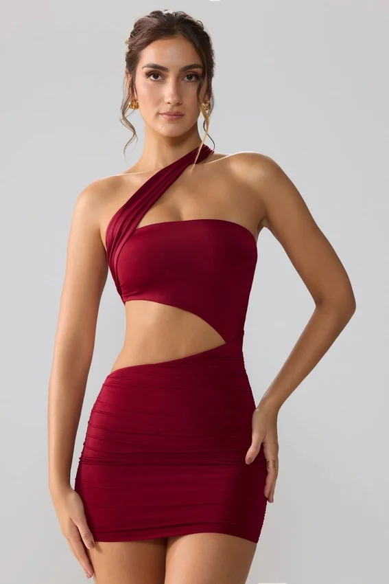 Vestito corto con cut-out e ruches in jersey elasticizzato Shyla, colore rubino Vestito corto con cut-out e ruches in jersey elasticizzato Shyla, colore rubino