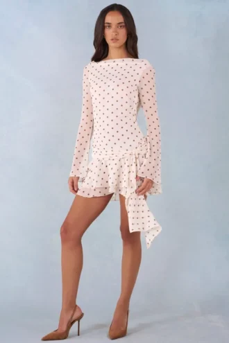 Vestito corto con maniche lunghe e schiena scoperta Cendria con stampa a pois color avorio