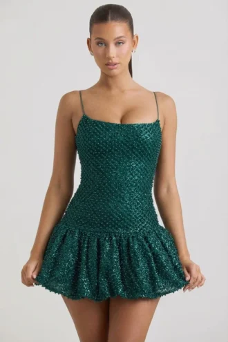 Vestito corto con orlo a palloncino decorato Callie in verde acqua