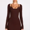 Vestito corto con reggiseno allacciato a maniche lunghe in modal a coste Caris, color cioccolato Vestito corto con reggiseno allacciato a maniche lunghe in modal a coste Caris, color cioccolato