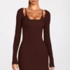 Vestito corto con reggiseno allacciato a maniche lunghe in modal a coste Caris, color cioccolato Vestito corto con reggiseno allacciato a maniche lunghe in modal a coste Caris, color cioccolato