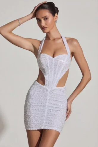 Vestito corto con scollo all’americana e cut-out decorato Lucia in bianco
