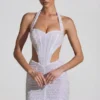 Vestito corto con scollo all’americana e cut-out decorato Lucia in bianco Vestito corto con scollo all’americana e cut-out decorato Lucia in bianco