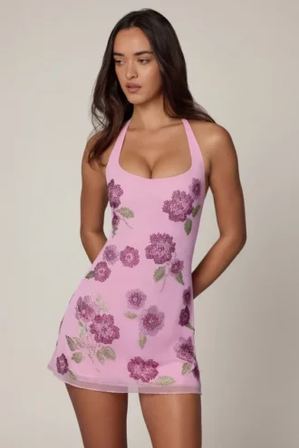 Vestito corto con scollo all’americana e decorazioni Galene in rosa tenue