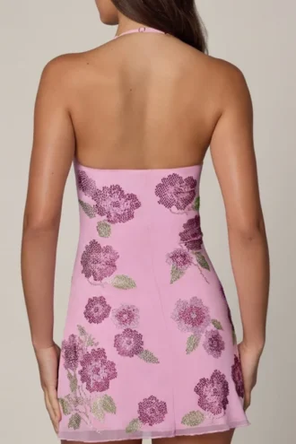 Vestito corto con scollo all’americana e decorazioni Galene in rosa tenue
