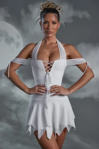 Vestito corto con scollo all’americana e lacci Elvyra in bianco