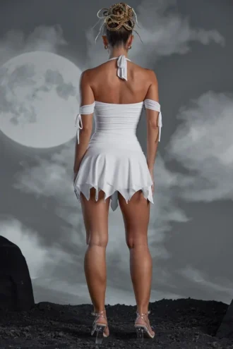 Vestito corto con scollo all’americana e lacci Elvyra in bianco