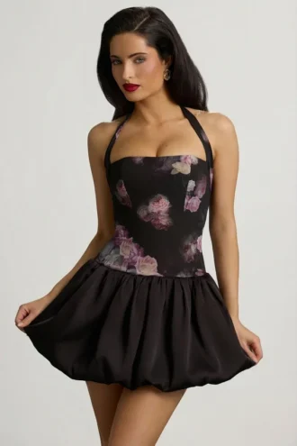 Vestito corto con scollo all’americana e orlo a palloncino allacciato Ludmila in stampa floreale nera