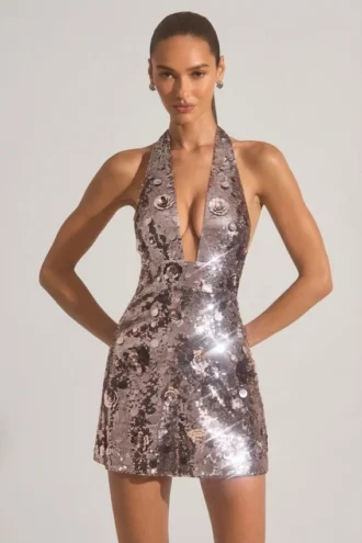 Vestito corto con scollo all’americana e paillettes Avenza in argento