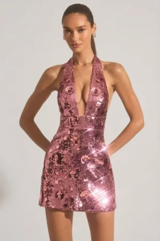 Vestito corto con scollo all’americana e paillettes Avenza in rosa