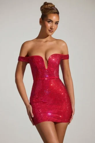 Vestito corto con spalle scoperte e decorazioni Leonora in rosso cremisi