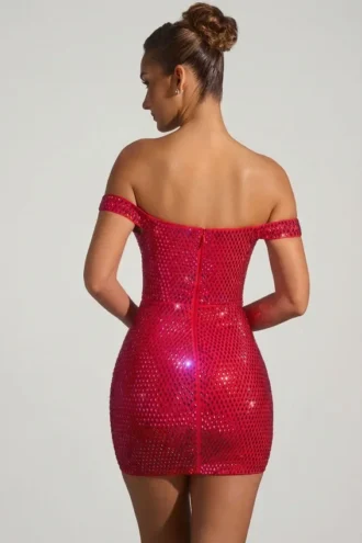 Vestito corto con spalle scoperte e decorazioni Leonora in rosso cremisi