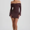 Vestito corto con spalle scoperte e ruches in misto modal-cashmere Thais, colore Espresso Vestito corto con spalle scoperte e ruches in misto modal-cashmere Thais, colore Espresso