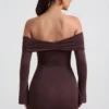 Vestito corto con spalle scoperte e ruches in misto modal-cashmere Thais, colore Espresso Vestito corto con spalle scoperte e ruches in misto modal-cashmere Thais, colore Espresso