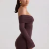 Vestito corto con spalle scoperte e ruches in misto modal-cashmere Thais, colore Espresso Vestito corto con spalle scoperte e ruches in misto modal-cashmere Thais, colore Espresso