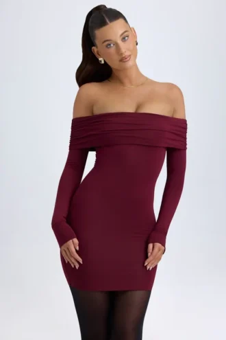 Vestito corto con spalle scoperte Oriana in Modal, colore rosso vino
