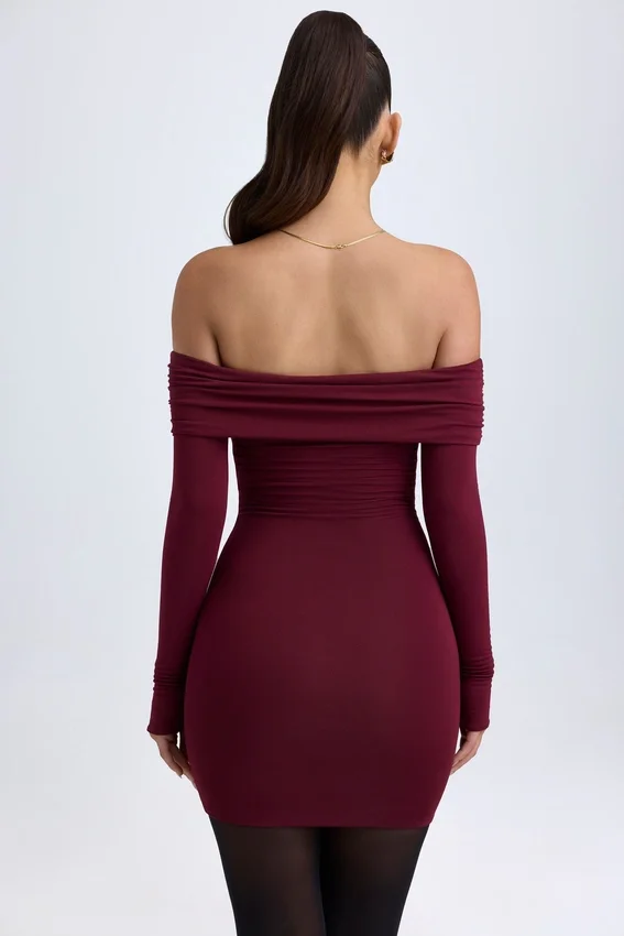 Vestito corto con spalle scoperte Oriana in Modal, colore rosso vino Vestito corto con spalle scoperte Oriana in Modal, colore rosso vino