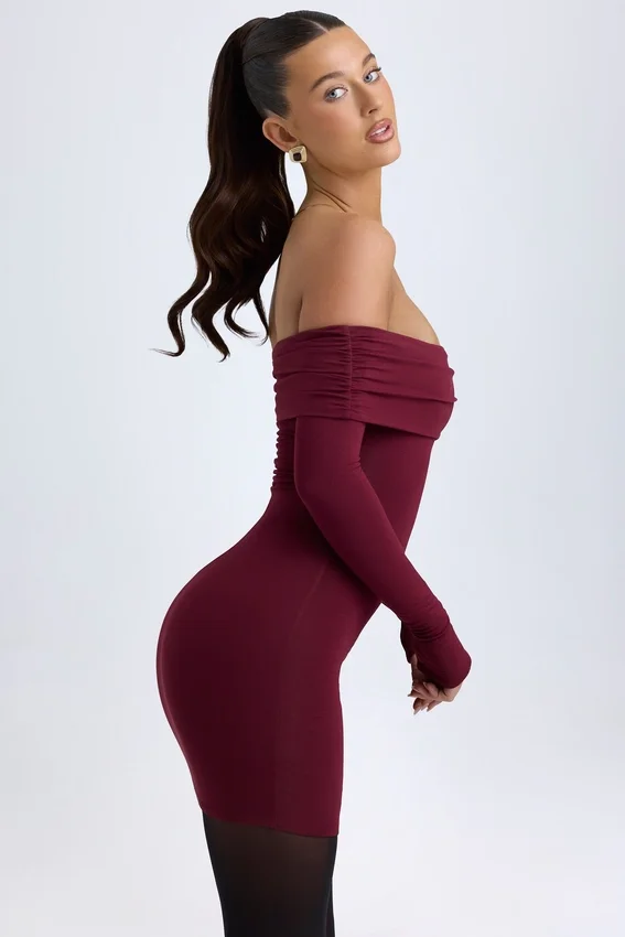 Vestito corto con spalle scoperte Oriana in Modal, colore rosso vino Vestito corto con spalle scoperte Oriana in Modal, colore rosso vino