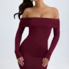 Vestito corto con spalle scoperte Oriana in Modal, colore rosso vino Vestito corto con spalle scoperte Oriana in Modal, colore rosso vino