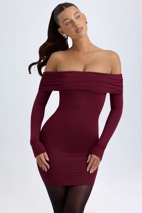 Vestito corto con spalle scoperte Oriana in Modal, colore rosso vino Vestito corto con spalle scoperte Oriana in Modal, colore rosso vino