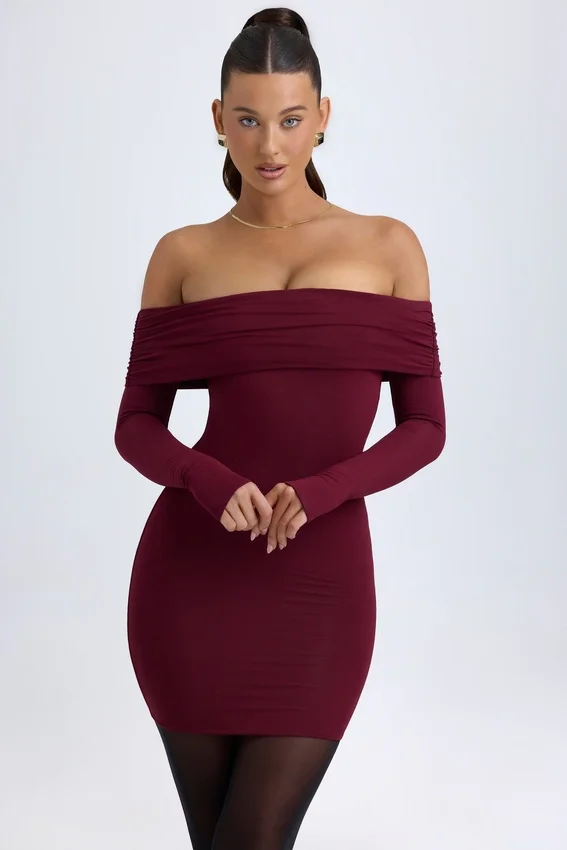 Vestito corto con spalle scoperte Oriana in Modal, colore rosso vino Vestito corto con spalle scoperte Oriana in Modal, colore rosso vino