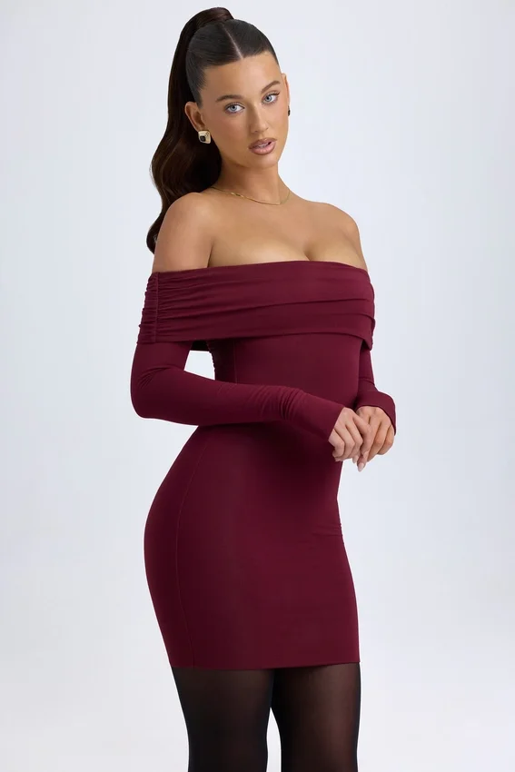 Vestito corto con spalle scoperte Oriana in Modal, colore rosso vino Vestito corto con spalle scoperte Oriana in Modal, colore rosso vino
