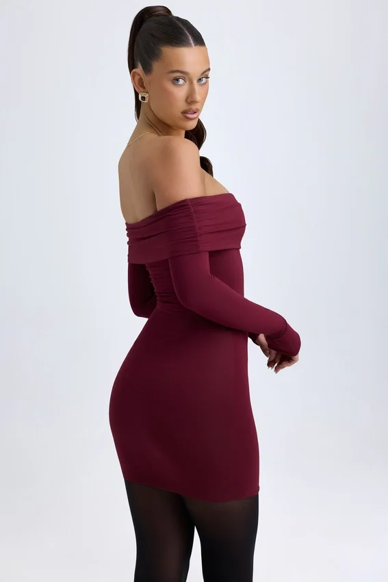 Vestito corto con spalle scoperte Oriana in Modal, colore rosso vino Vestito corto con spalle scoperte Oriana in Modal, colore rosso vino