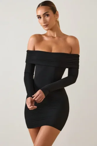 Vestito corto con spalle scoperte Oriana in modal nero