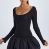 Vestito corto Delphi in Modal con scollo rotondo, vita bassa e orlo a palloncino, colore nero Vestito corto Delphi in Modal con scollo rotondo, vita bassa e orlo a palloncino, colore nero