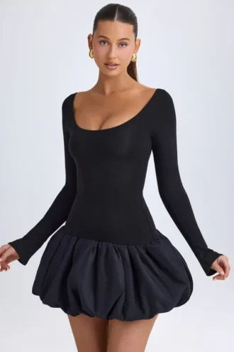 Vestito corto Delphi in Modal con scollo rotondo, vita bassa e orlo a palloncino, colore nero Vestito corto Delphi in Modal con scollo rotondo, vita bassa e orlo a palloncino, colore nero
