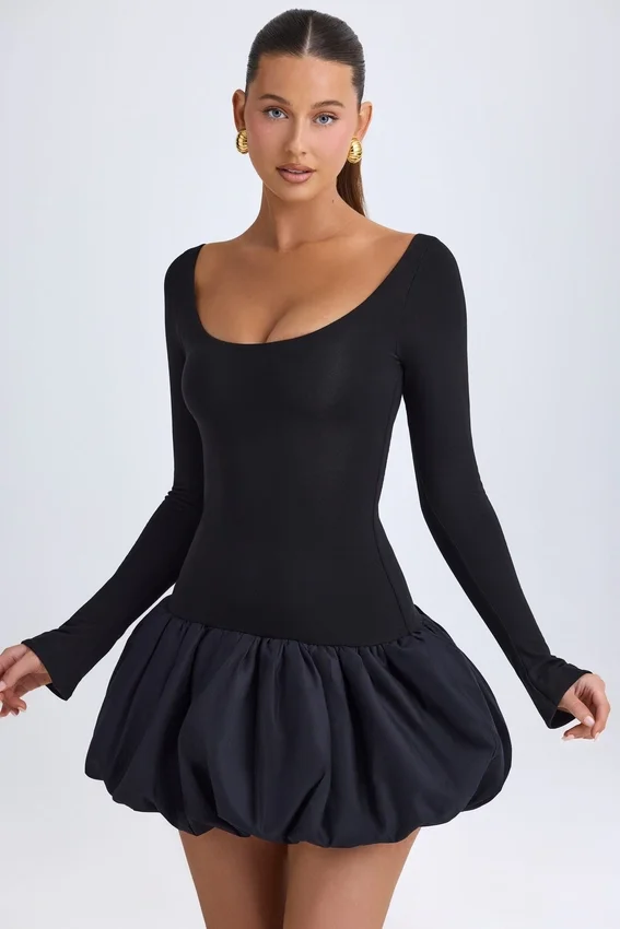 Vestito corto Delphi in Modal con scollo rotondo, vita bassa e orlo a palloncino, colore nero Vestito corto Delphi in Modal con scollo rotondo, vita bassa e orlo a palloncino, colore nero