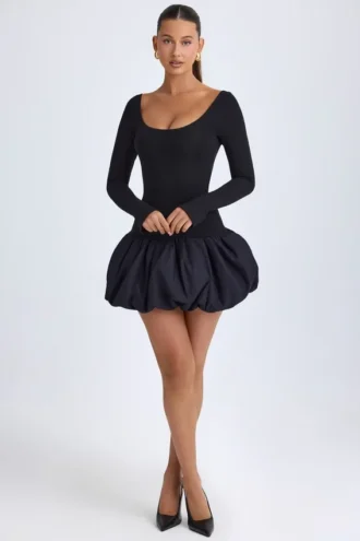 Vestito corto Delphi in Modal con scollo rotondo, vita bassa e orlo a palloncino, colore nero Vestito corto Delphi in Modal con scollo rotondo, vita bassa e orlo a palloncino, colore nero