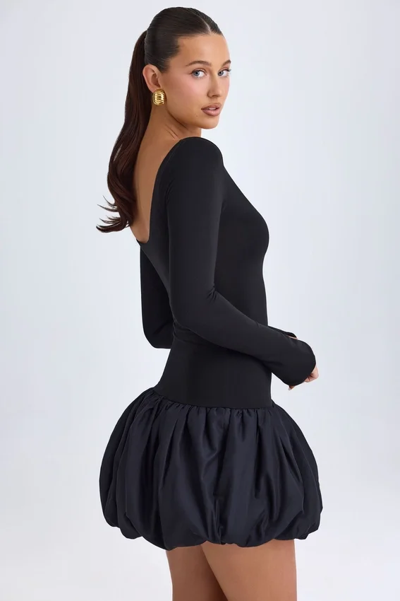 Vestito corto Delphi in Modal con scollo rotondo, vita bassa e orlo a palloncino, colore nero Vestito corto Delphi in Modal con scollo rotondo, vita bassa e orlo a palloncino, colore nero